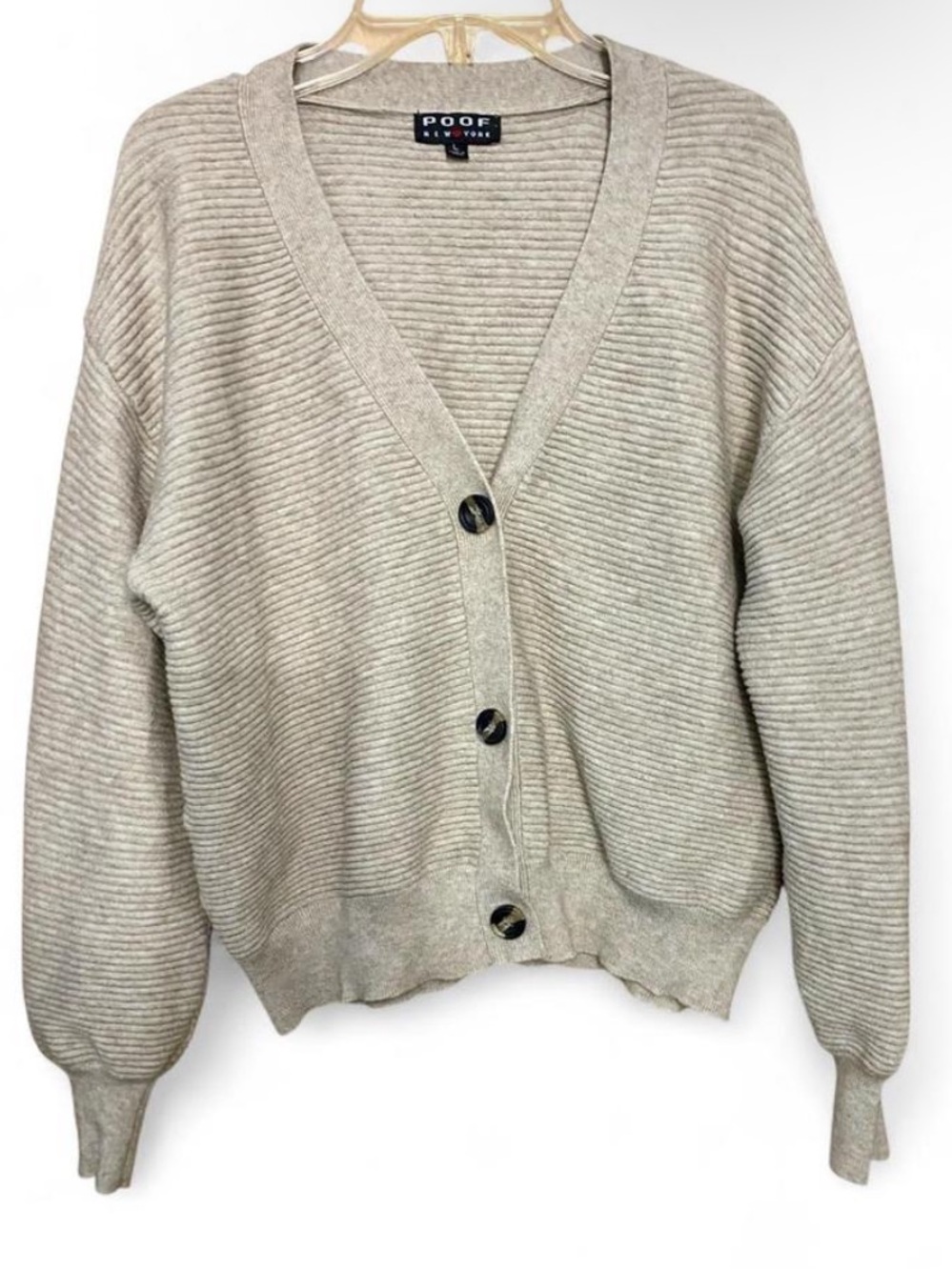 Poof! Y2K Ribbed V Neck Beige Button Front Balloon Sleeve Slouchy Cardigan Large